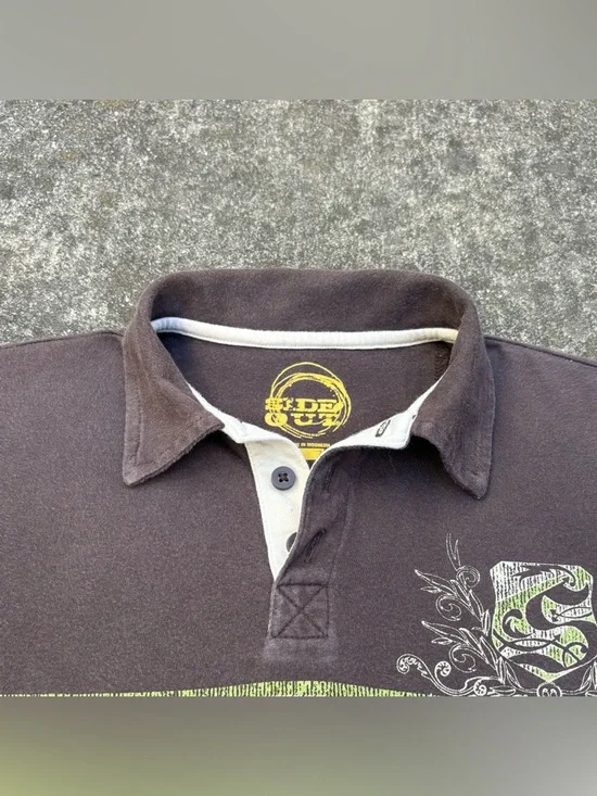 Y2K Sideout Boys Large Polo Shirt Brown Graphic Skate Surf Grunge Collared Tee - Picture 2 of 5